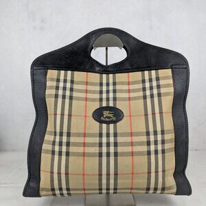 Vintage BURBERRY Check Monogram Canvas Leather Hand Bag Beige.